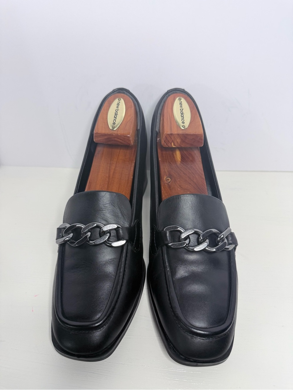 Nordstrom Black Leather Chain-Trim Block Heel Loafers Size 9.5